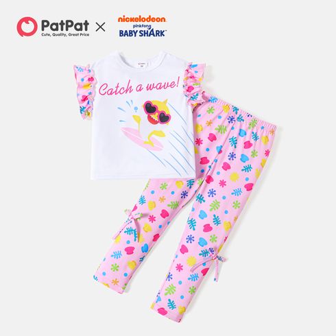 Baby Shark 2pcs Toddler Girl Letter Print Flutter-sleeve Tee amd Allover Print Bowknot Design Leggings set