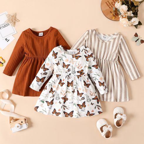 Baby Girl Ribbed Brown/White/Striped Long-sleeve Dress