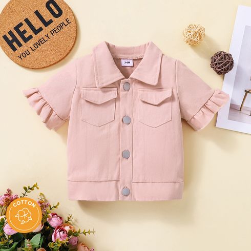 100% Cotton Baby Girl Solid Ruffle Trim Short-sleeve Button Front Jacket