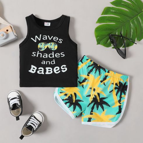 2pcs Baby Girl Letter Print Tank Top and All Over Coconut Tree Print Shorts Set
