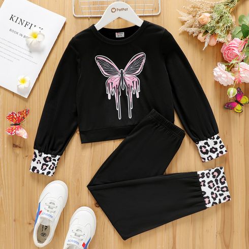 2pcs Kid Girl Butterfly Leopard Print Long-sleeve Black Tee and Pants Set