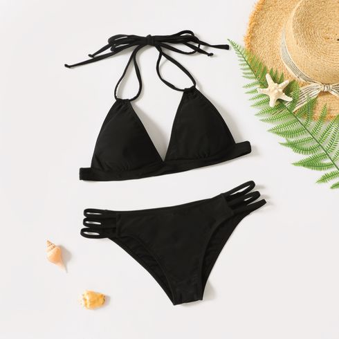 Maternity Black Halter Triangle Thong Bikini Swimsuit / Maternity White Schiffy Wrap Knot Cover-Up Skirt