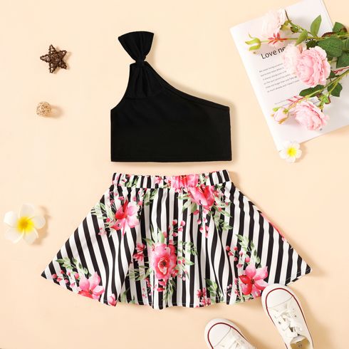 2pcs Toddler Bowknot Design One Shoulder Black Tee and Floral Print Stripe Skirt Set