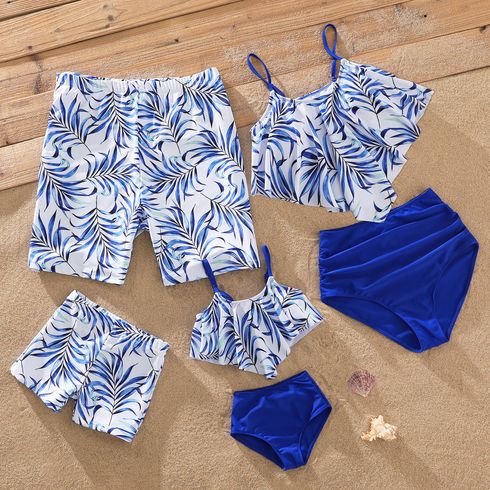 Family Matching Allover Palm Leaf Print Hanky Hem Cami Bikini Set Swimwear and Swim Trunks Shorts