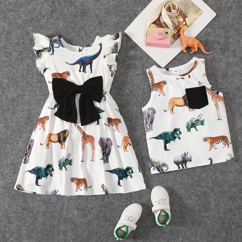Sibling Matching Allover Dinosaur Print Dress and Tank Top