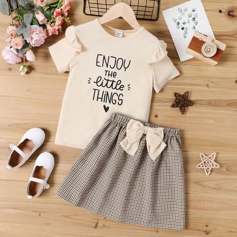 2pcs Kid Girl Letter Print Ruffled Short-sleeve Tee and Bowknot Design Plaid Skirt Set