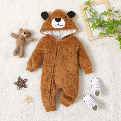 Baby Boy/Girl Bear Embroidered 3D Ears Hooded Long-sleeve Zip Up Thermal Fuzzy Jumpsuit