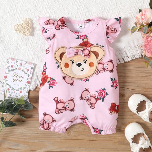 Baby Girl Allover Cartoon Bear Print Pink Flutter-sleeve Romper