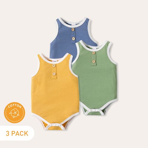 3-Pack 100% Cotton Baby Boy Button Front Solid Tank Rompers Set