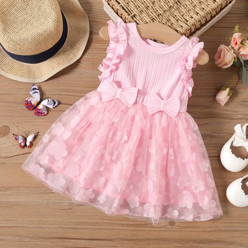 Baby Girl Pink Rib Knit Ruffle Trim Bowknot Spliced Floral Applique Mesh Tank Dress