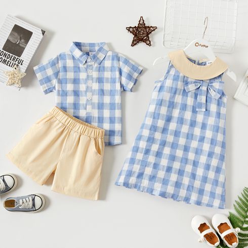 Equally Cute Toddler Siblings 100% Cotton Plaid Blue Set or Dress