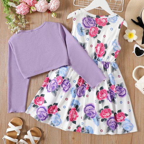 2pcs Kid Girl Floral Print Sleeveless Dress and Long-sleeve Purple Bowknot Design Cardigan Set Purple big image 6