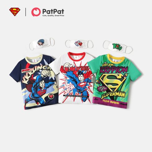 Superman Kid Boy Trendy Letter Print Short-sleeve Tee with Face Mask