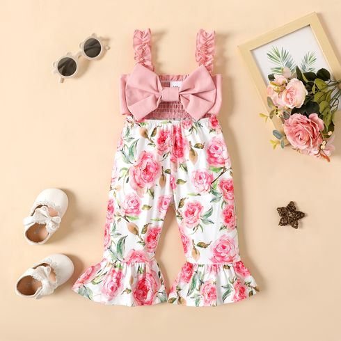 Baby Girl Ruffle Spaghetti Strap Hollow Out Bowknot Splicing Floral Print Bell Bottom Jumpsuit