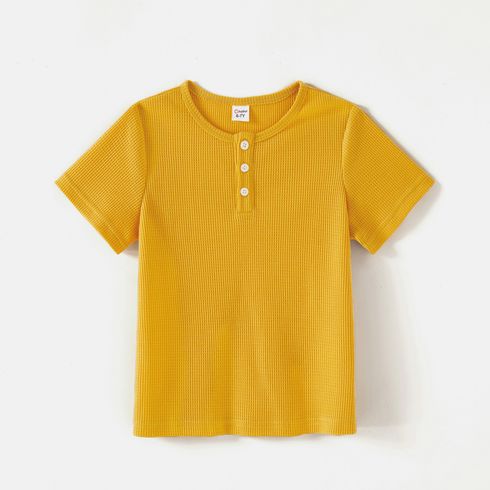 Kid Boy Solid Color Waffle Button Design Henley Shirt