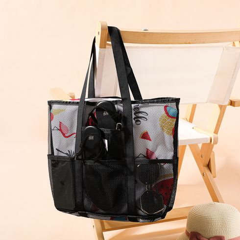 Portable Mesh Shoulder Tote Bag Travel Beach Bag for Mom and Me Black big image 6