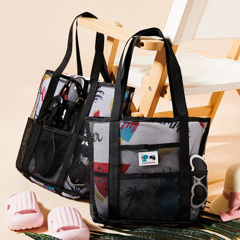 Portable Mesh Shoulder Tote Bag Travel Beach Bag for Mom and Me Black big image 4