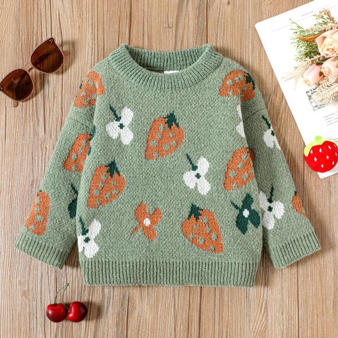 Toddler Girl Floral Strawberry Pattern Green Sweater