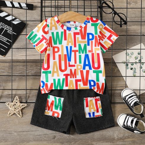 2pcs Baby Boy 100% Cotton Ripped Shorts and Allover Colorful Letter Print Short-sleeve T-shirt Set