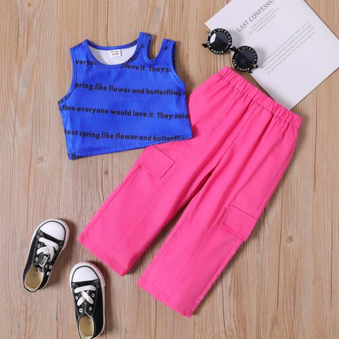 2pcs Toddler Girl Letter Print Blue Tank Top and Pink Elasticized Pants Set