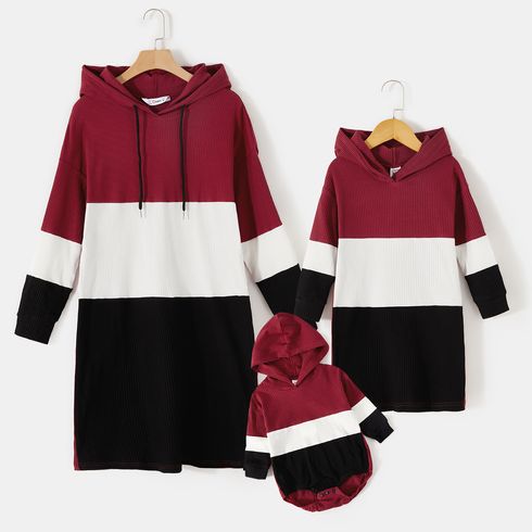 Color Block Ribbed Long-sleeve Drawstring Hoodie Dress for Mom and Me