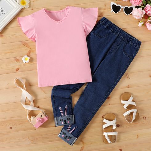 2pcs Kid Girl 100% Cotton V Neck Flutter-sleeve Pink Tee and Rabbit Embroidered Denim Jeans Set