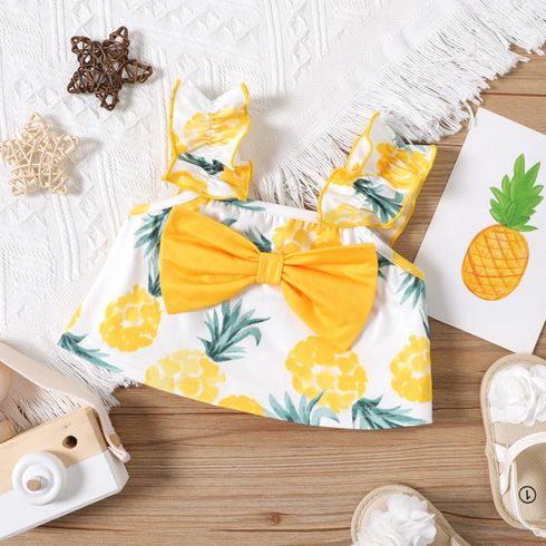 Baby Girl Bow Front Allover Pineapple Print Ruffle Trim Tank Top