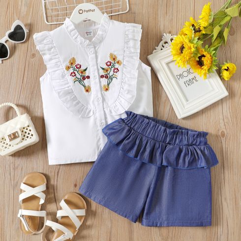 2pcs Kid Girl Floral Embroidered Ruffle Collar Sleeveless Blouse and Denim Jeans Shorts Set