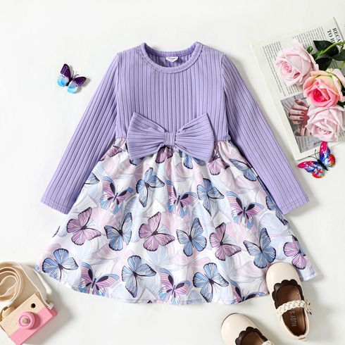 Toddler Girl Ribbed Bowknot Design Butterfly Print Splice Long-sleeve Dress