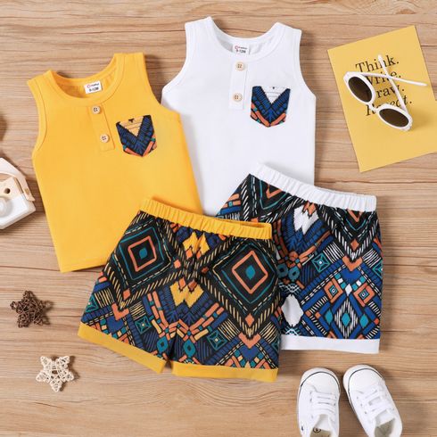 2pcs Baby Boy Button Front Tank Top and Boho Print Shorts Set