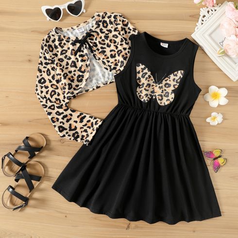 2pcs Kid Girl Butterfly Print Sleeveless Black Dress and Leopard Print Long-sleeve Cardigan Set