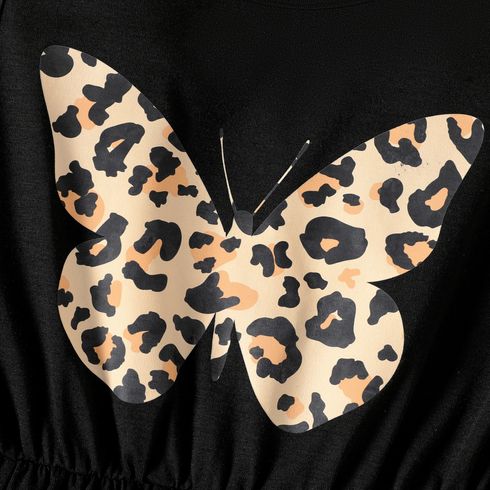 2pcs Kid Girl Butterfly Print Sleeveless Black Dress and Leopard Print Long-sleeve Cardigan Set BrownishBlack big image 3