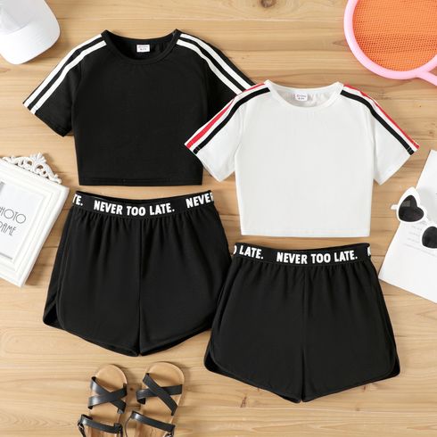 2pcs Kid Girl Striped Short-sleeve Tee and Letter Print Shorts Sporty Set