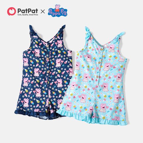 Peppa Pig Toddler Girl Allover Print Ruffled Button Bows Design Sleeveless Rompers