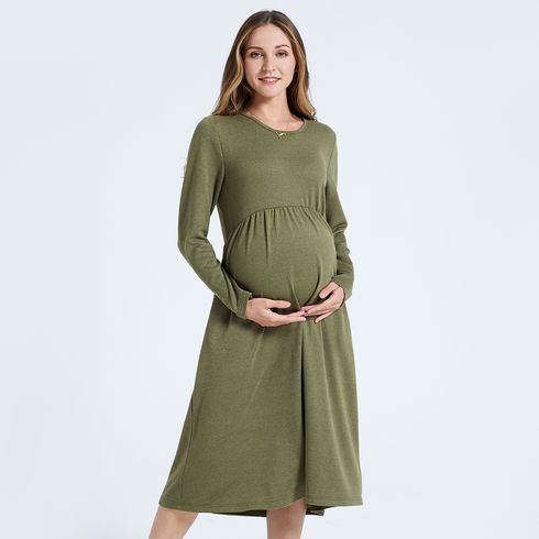 Maternity Green Round-collar Long-sleeve Pocket Dress