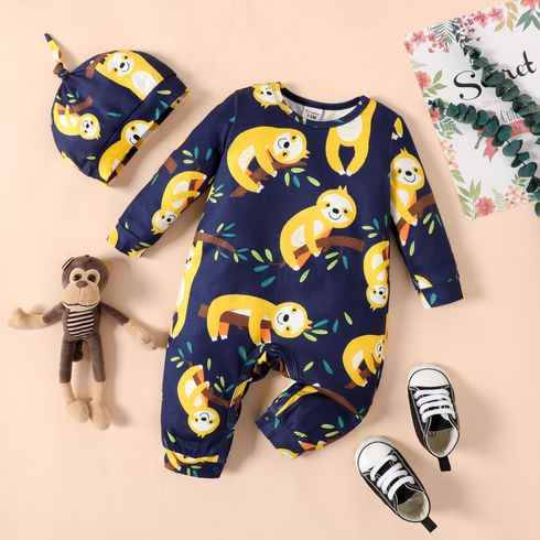 2pcs Baby Boy Allover Cartoon Sloth Print Long-sleeve Jumpsuit with Hat Set