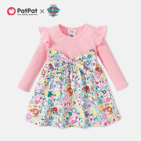 PAW Patrol Little Girl Pink Ribbed Ruffle Long-sleeve Splicing Allover Cartoon Dog & Floral Print Bow Front Dress