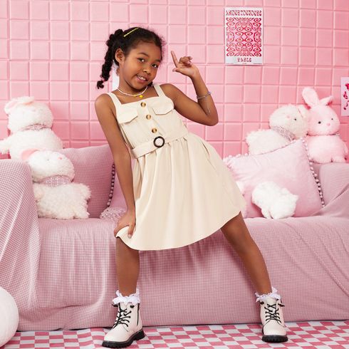 Kid Girl Solid Color Button Design Belted Cami Dress