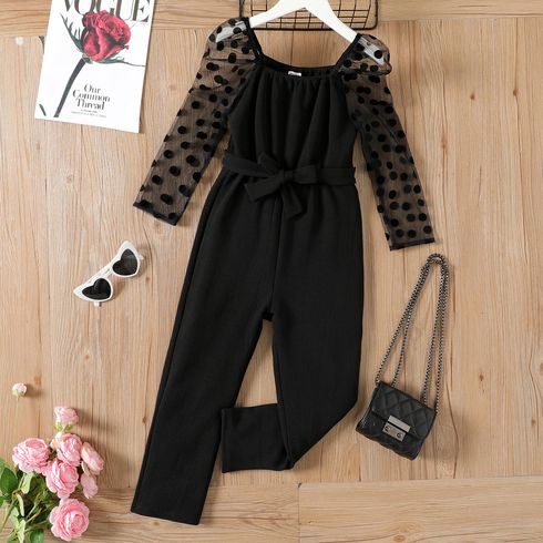 Kid Girl Polka dots Mesh Design Square Neck Long-sleeve Black Jumpsuits