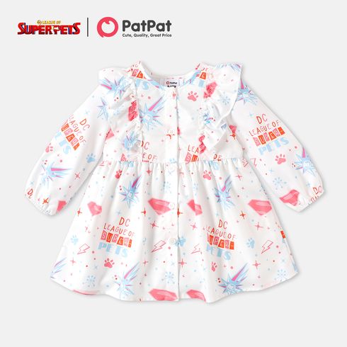 Super Pets Baby Girl Allover Print Ruffle Trim Long-sleeve Button Front Dress