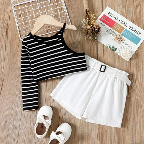 2pcs Toddler Girl Stripe One Shoulder Long-sleeve Tee and Belted White Shorts Set