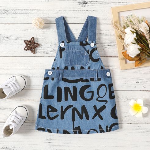 Baby Girl All Over Letter Print Blue Imitation Denim Overall Dress