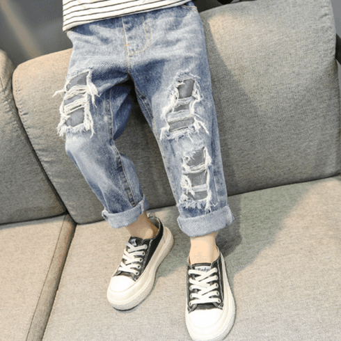 Kid Girl Cotton Straight Blue Ripped Denim Jeans