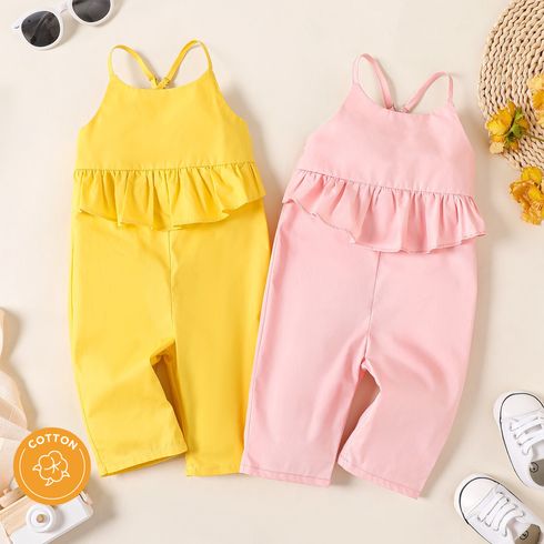100% Cotton Baby Girl Solid Ruffle Trim Cami Jumpsuit