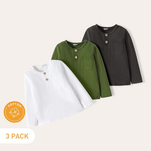 3-Pack Toddler Boy 100% Cotton Button Pocket Design Solid Color Long-sleeve Tee