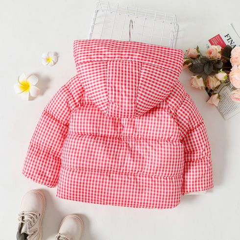 Toddler Girl Plaid Button Design Hooded Puffer Coat Red big image 5