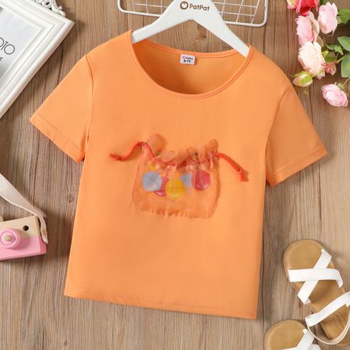 Kid Girl Candy Print Mesh Pocket Short-sleeve Orange Tee