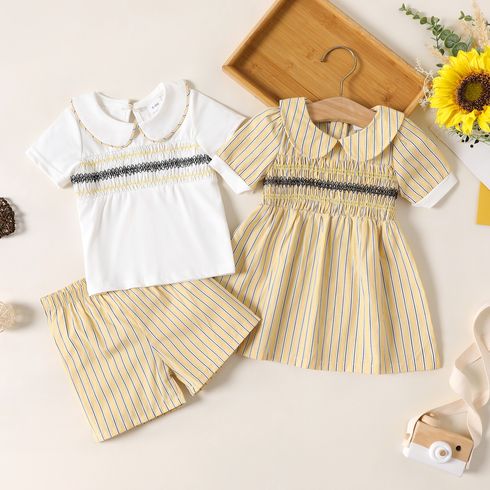 Equally Cute Baby Siblings Striped Shirred Doll Collar Short-sleeve Beige and White Dress or Set