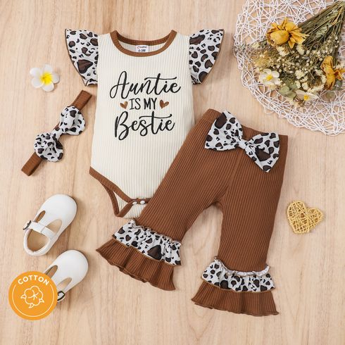 3pcs Baby Girl 95% Cotton Rib Knit Spliced Leopard Flutter-sleeve Letter Embroidered Romper and Ruffle Flared Pants with Headband Set
