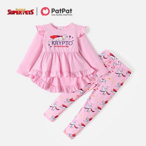 Super Pets 2pcs Toddler Girl Letter Print Ruffled High Low Long-sleeve Pink Tee and Allover Print Leggings Set